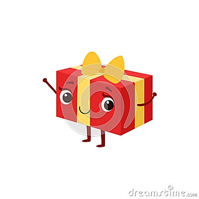 Square Gift Box With Yellow Bow Kids Birthday Party Happy Smiling Animated Object Cartoon Girly Character Festive Vector Illustration