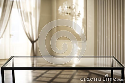 Square glass table with empty space for products and decorations. Blurred bright luxury home interior background. Stock Photo