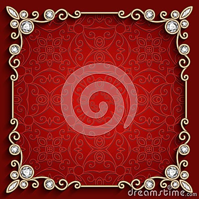 Square gold jewelry frame on red background Vector Illustration