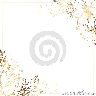 Square golden frame made of small flowers and branches of golden magnolia on a white background and splashes. Minimalism Vector Illustration