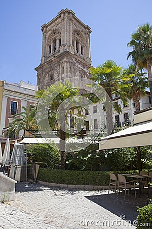 Square with Granada Cathedral tower, Spain Editorial Stock Photo