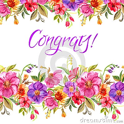 Square greeting card with abstract flowers and the inscription: `Congratulations!` Cartoon Illustration