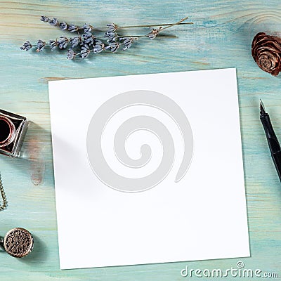 Square greeting card or invitation design template, shot from above Stock Photo