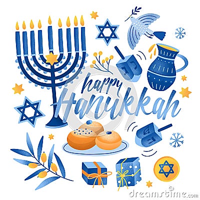 Square greeting card or postcard template with Happy Hanukkah lettering and holiday symbols and attributes - menorah Vector Illustration