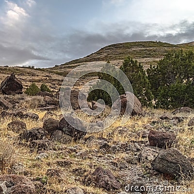 Square Hiking trail through boulder strewn grassland with rocks Stock Photo