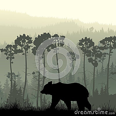 Square illustration of bear on grassy hillside. Vector Illustration