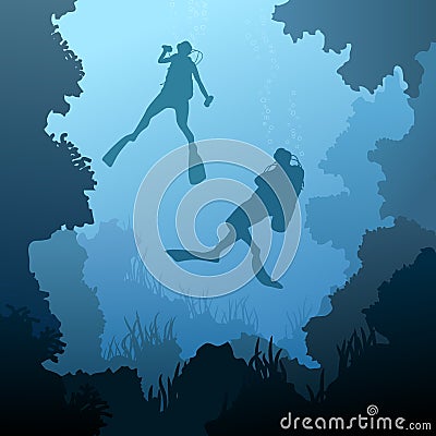 Square illustration of divers under water. Vector Illustration