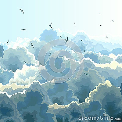 Square illustration of flock, blue sky and clouds. Vector Illustration