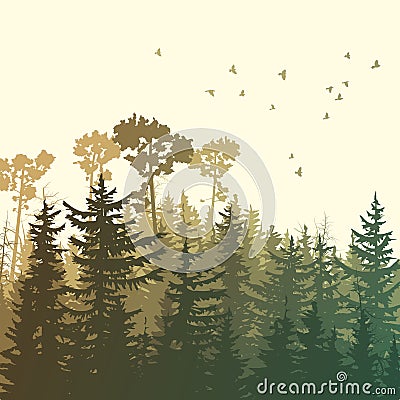 Square illustration of green forest mountains. Vector Illustration