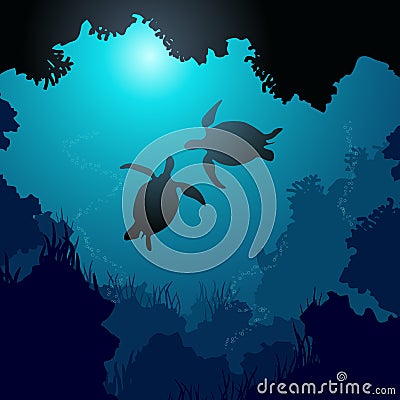 Square illustration of turtles in rays of water. Vector Illustration