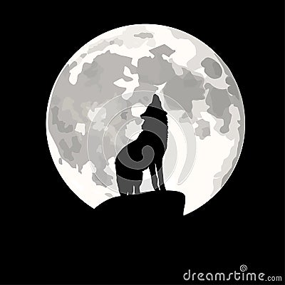 Square illustration of wolf howling at moon. Vector Illustration