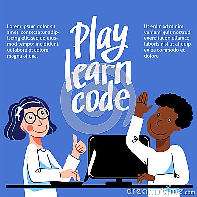 A square image of a boy and a girl who study coding. A vector image for a flyer or a poster for the children coding school. Blue a Vector Illustration