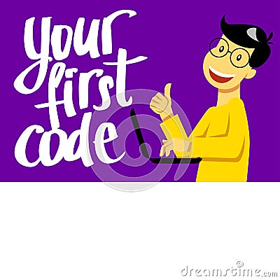 A square image of the boy who is coding. A vector image for a flyer or a poster for the chidren coding school. Your first Vector Illustration