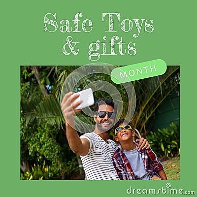 Square image of safe gifts and toys text with biracial father and son picture over green background Stock Photo