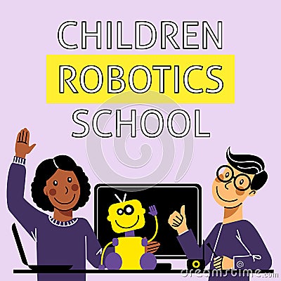 A square image of teens who study robotics. A vector image for a flyer or a poster for the children coding school. Purple and yell Vector Illustration