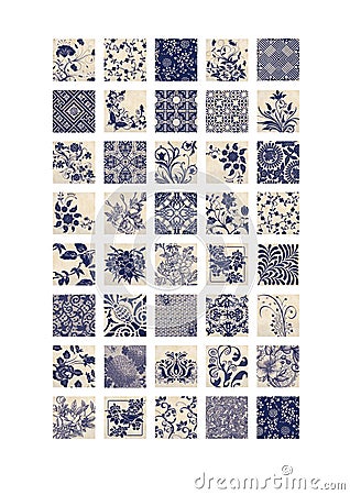 Square images 1 inch printable collage sheet blue beige floral elements patterned images printable Stock Photo