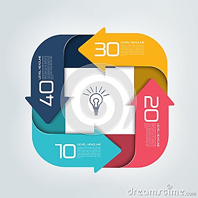 Square infographics divided in four parts arrows. Template, scheme, diagram, chart, graph, presentation. Vector Illustration