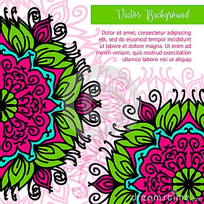 Square invite template. Vector invitation with mandala design element. Round flower ornament. Decorative vintage print Vector Illustration