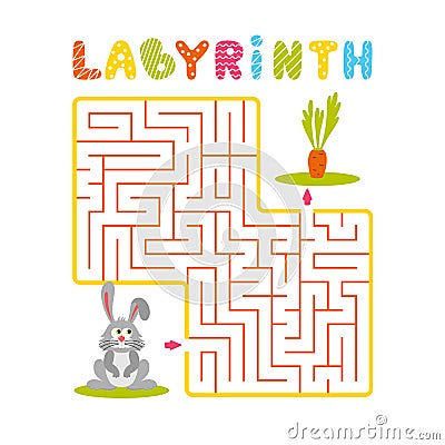 Square labyrinth with gray cartoon rabbit, bunny and carrot on white background. Children maze. Game for kids. Children puzzle. Vector Illustration