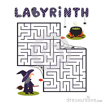 Square labyrinth with witch and cauldron on white background. Children maze. Game for kids. Children puzzle for halloween. Help th Vector Illustration