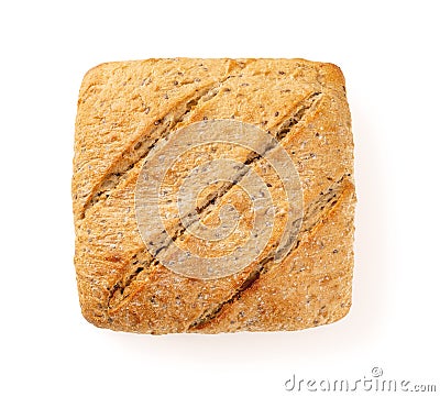 Square loaf of bread with flax seeds cutout. Whole wheat bread with a delicious crispy crust isolated on a white background. Tasty Stock Photo