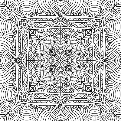 Square mandala with linear ornaments and abstract flowers drawn on a white background for coloring, vector Vector Illustration