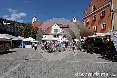 Square with market in the center of Vipiteno, an alpine town in Trentino-Alto Adige. Editorial Stock Photo