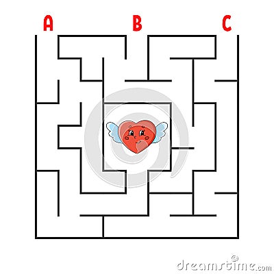 Square maze. Game for kids. Puzzle for children. Cartoon character heart. Labyrinth conundrum. Color vector illustration. Find the Vector Illustration