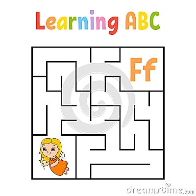 Square maze. Game for kids. Quadrate labyrinth. Education worksheet. Activity page. Learning alphabet. Cute cartoon style. Find Vector Illustration