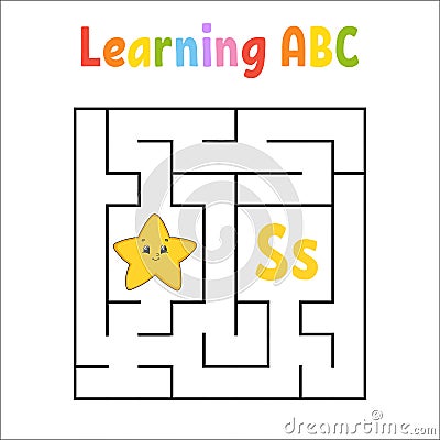 Square maze. Game for kids. Quadrate labyrinth. Education worksheet. Activity page. Learning English alphabet. Cartoon style. Find Vector Illustration