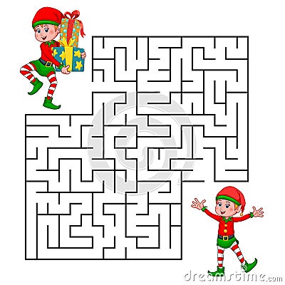 Square maze for kids with cartoon Christmas Elf. Find right way to the gnome. Entry and exit. Puzzle Game with answer. Vector Illustration