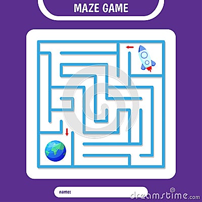 Square Maze for kids. Help rocket fly to earth. Simple logic labyrinth game Vector Illustration