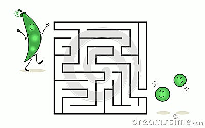 Square maze labyrinth with cartoon characters. Cute green pea pod. Interesting game for children. Worksheet for education Stock Photo