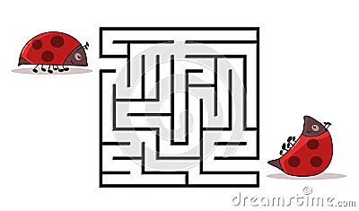 Square maze labyrinth with cartoon characters. Cute ladybug. Interesting game for children. Worksheet for education. Vector Illustration