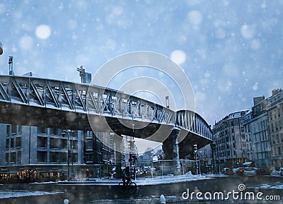 Square and metro Stalingrad in Paris under snow Stock Photo