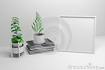 Square mockup frame with books and potted plants Cartoon Illustration