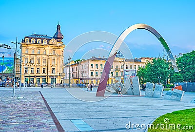 The square with modern arch, Krakow, Poland Editorial Stock Photo