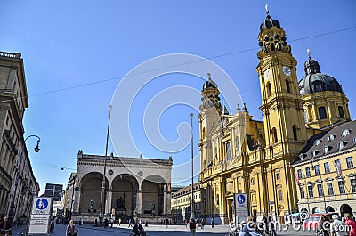 Square Odeonsplatz to the Theatine Church and Field marshall`s hall in downtown Munich, Bavaria, Germany Editorial Stock Photo