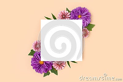 Square paper card mockup with border frame made of dahlia flowers Stock Photo