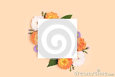 Square paper card mockup with border frame made of dahlia flowers Stock Photo