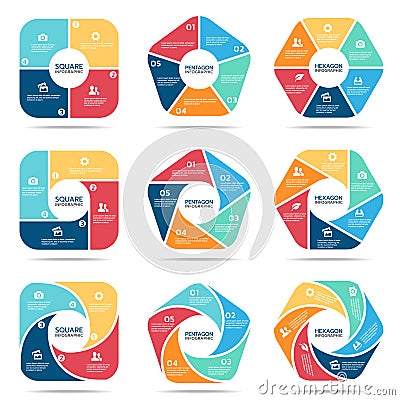 Square pentagon and hexagon infographic part four, part Five and part six vector set design Vector Illustration