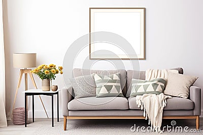 Square picture frame with passe-partout mockup in modern interior, blank copyspace, light tones, poster mock-up. Generative AI Stock Photo