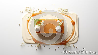 A square piece of cake with whipped cream and flowers on top, AI Stock Photo