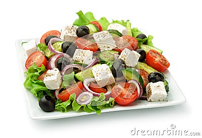 Square plate of greek salad Stock Photo