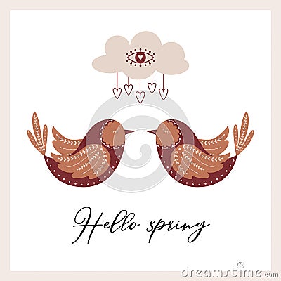 A square postcard with birds in Scandinavian style and a mystical cloud with an open eye symbol and hearts. Hello spring Vector Illustration