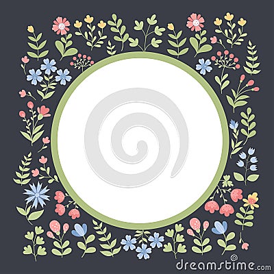 Square postcard, frame with floral pattern from decorative flowers on black background. In middle is an empty space for Vector Illustration