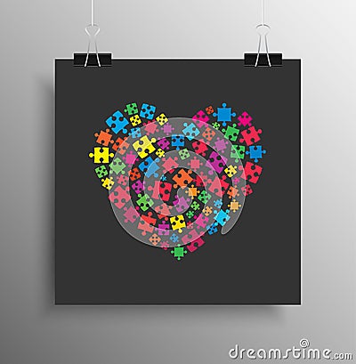 Many Colorful Piece Puzzle Heart. Jigsaw Logotype. Vector Illustration