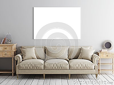Square poster mock up, sofa and low table on beige wall background. Stock Photo