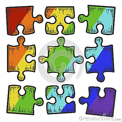 Square puzzle icon color of rainbow. Not assembled nine pieces. Sketch scratch board imitation. Cartoon Illustration