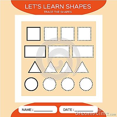 Square. Rectangle. Triangle. Circle. Basic geometric shapes for children. Learn Shapes. Handwriting practice. Trace and Vector Illustration